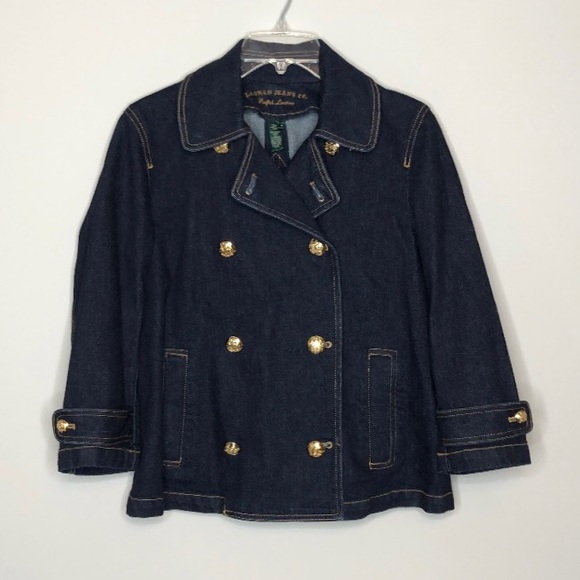 Vintage Lauren Jean Ralph Lauren Denim Jean Jacket Gold Buttons Dark Wash Medium - Picture 2 of 12
